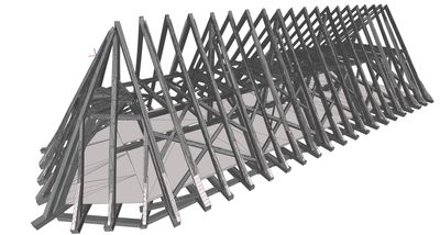 3D-Modell eines historischen Dachwerks mit allen Sparren und Streben, aus dem Laserscan erzeugt