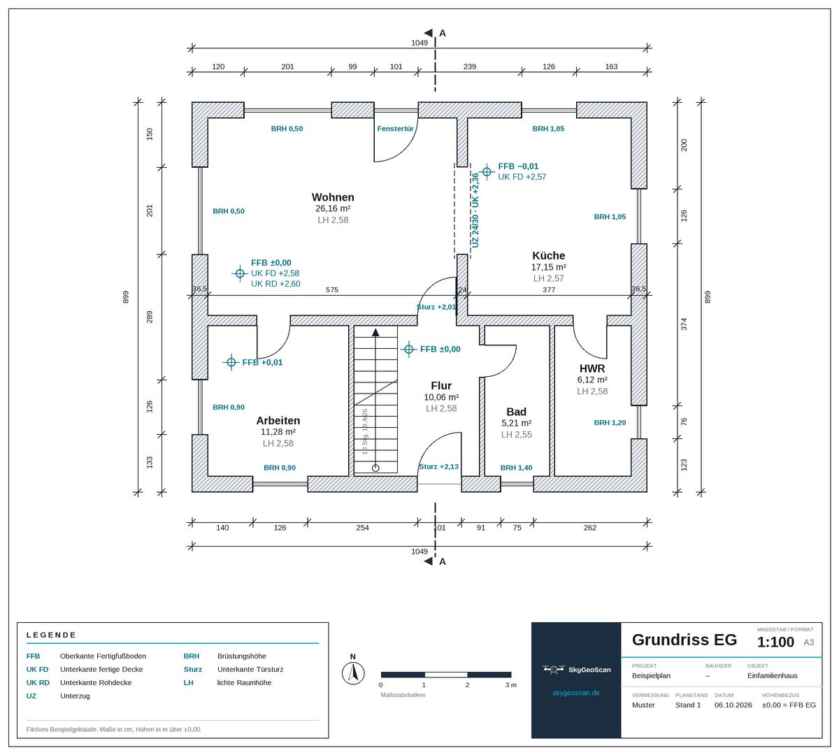 Beispielplan Grundriss Erdgeschoss eines Einfamilienhauses mit Maßketten, Raumflächen, Brüstungshöhen, Fußboden- und Deckenhöhen sowie Schriftfeld
